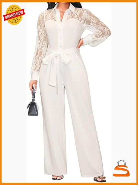 Pants - Vintage Wide Leg Lace Jumpsuit with Puff Sleeve & Deep V Neck